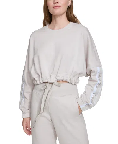 Calvin Klein Women's Cropped Logo-tape Cinched-hem Pullover In Porcini