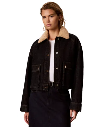 Calvin Klein Women's Cropped Shearling-collar Denim Jacket In Black