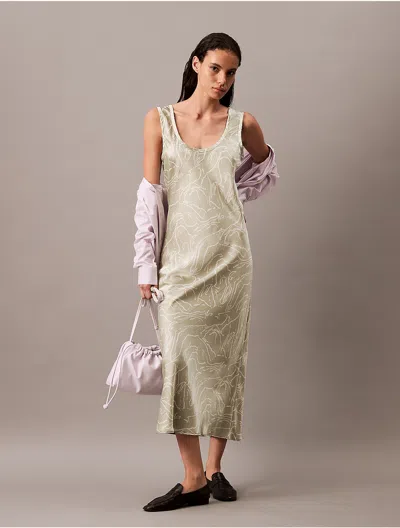Calvin Klein Women's Crushed Satin Print Midi Dress In Desert Sage