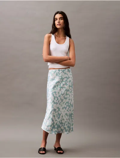 Calvin Klein Women's Crushed Satin Print Midi Skirt In Cloud Blue