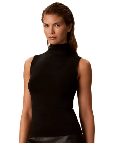 Calvin Klein Womens Cutaway Sleeveless Mock Neck Fitted Sweater In Black