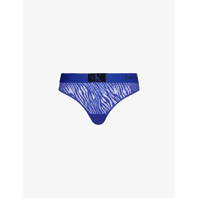 Calvin Klein Womens Dazzling Blue 1996 Recycled Polyamide-blend Lace Thong