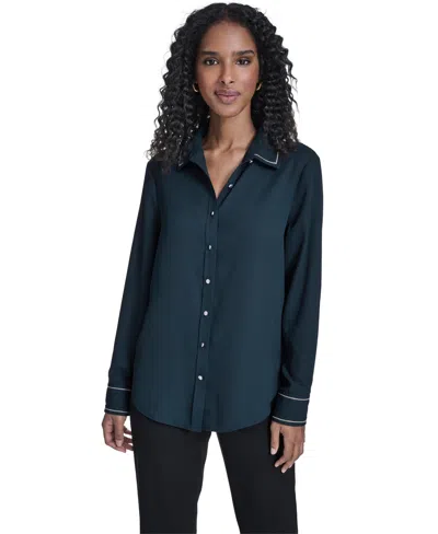 Calvin Klein Women's Decorated Button-down Top In Blue
