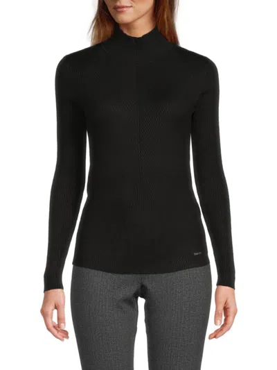 Calvin Klein Women's Diagnoal Ribbed Mockneck Sweater In Black
