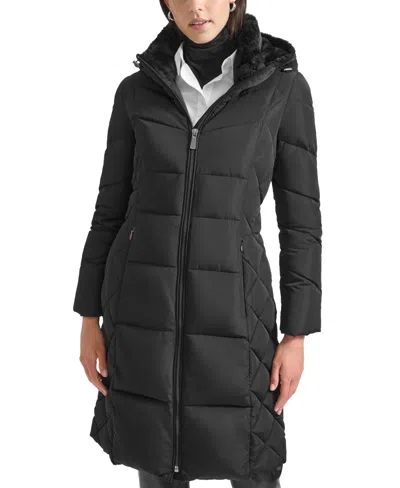 Calvin Klein Women's Diamond Quilted Side Belted Hooded Puffer Coat In Black