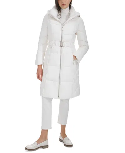 Calvin Klein Women's Diamond Quilted Side Belted Hooded Puffer Coat In Warm Cream