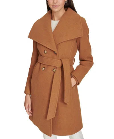 Calvin Klein Women's Double-breasted Belted Coat In Dark Camel