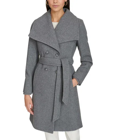 Calvin Klein Women's Double-breasted Belted Coat In Medium Grey