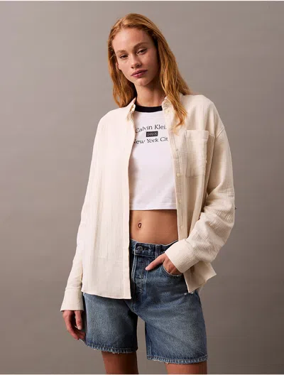Calvin Klein Women's Double Gauze Roll Tab Button-down Shirt In Chalk