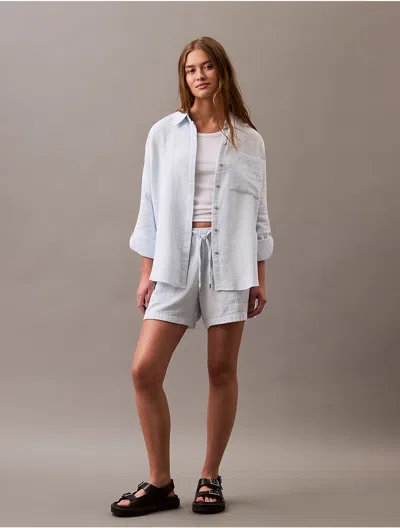 Calvin Klein Women's Double Gauze Roll Tab Button-down Shirt In Ice Melt
