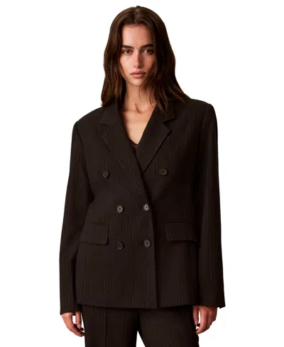 Calvin Klein Women's Double-breasted Pinstripe Notch Collar Blazer In Brown