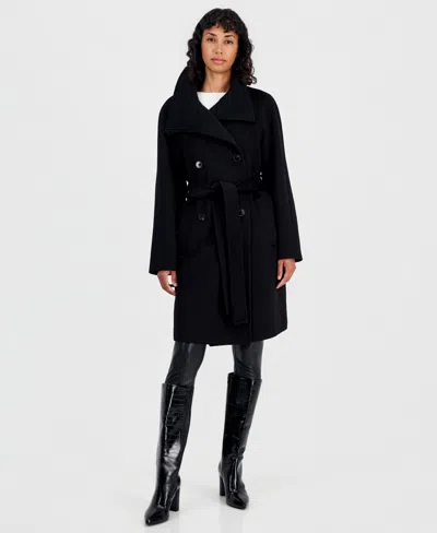 Calvin Klein Women's Double-breasted Wrap Knit-collared Coat In Black