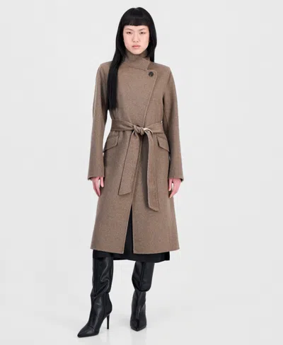 Calvin Klein Women's Double-faced Wrap Coat In Brown