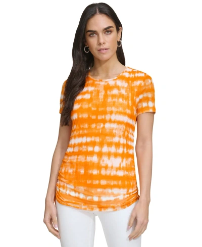 Calvin Klein Women's Printed Ruched-sleeve Textured Top In Turmeric Combo