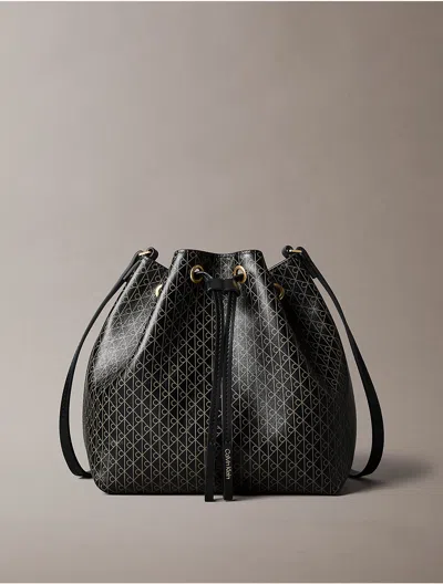 Calvin Klein Women's Emblem Logo Drawstring Bucket Bag In Black Aop