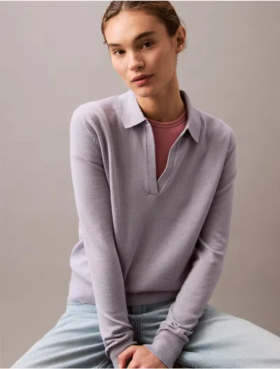 Calvin Klein Women's Extra Fine Merino Blend Polo Sweater In Lilac Gray