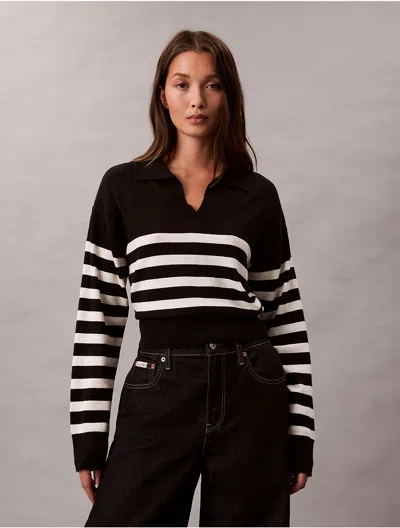 Calvin Klein Women's Extra Fine Merino Blend Stripe Polo Sweater In Black