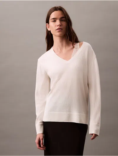 Calvin Klein Women's Extra Fine Merino Blend V-neck Sweater In White