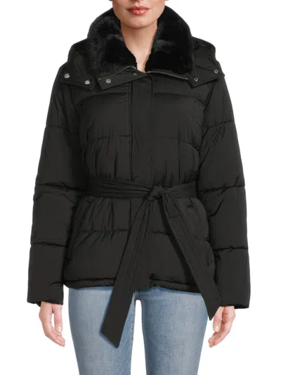 Calvin Klein Women's Faux Fur Collar Hooded Puffer Jacket In Black