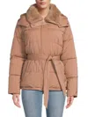 Calvin Klein Women's Faux Fur Collar Hooded Puffer Jacket In Cafe
