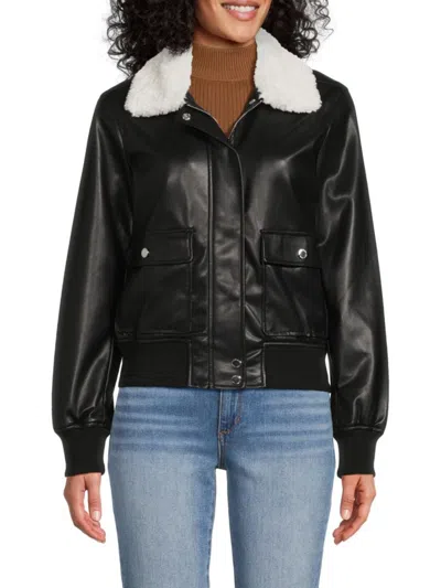 Calvin Klein Women's Faux Fur Trim & Faux Leather Jacket In Black