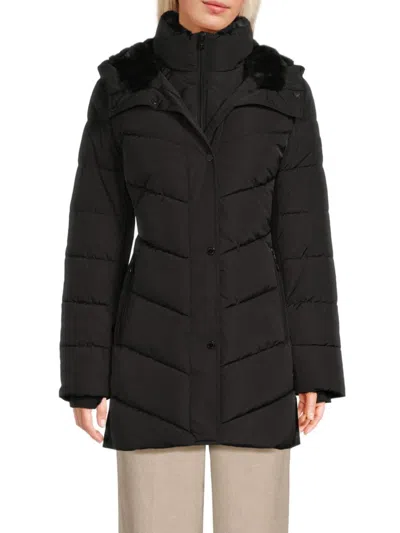 Calvin Klein Women's Faux Fur-trim Quilted Long Puffer Coat In Animal Print