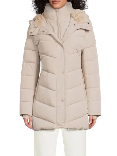 Calvin Klein Women's Faux Fur-trim Quilted Long Puffer Coat In Neutral