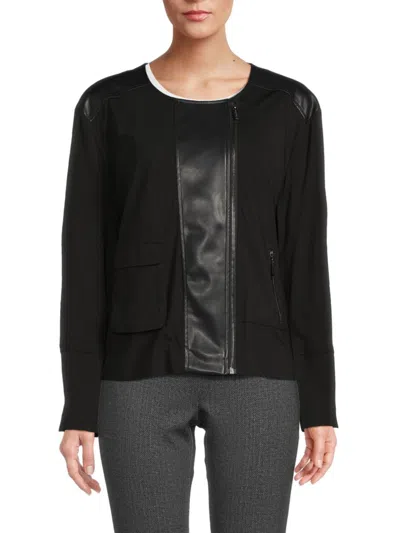 Calvin Klein Women's Faux Leather Asymmetric Knit Zip Jacket In Black