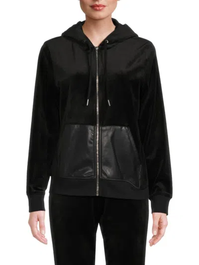 Calvin Klein Women's Faux Leather Pocket Zip Front Hoodie In Black
