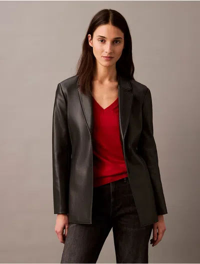 Calvin Klein Women's Faux Leather Slim Fit Blazer In Black Beauty