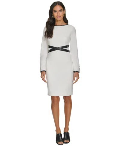 Calvin Klein Women's Faux-leather-trim Sheath Dress In Cream Black