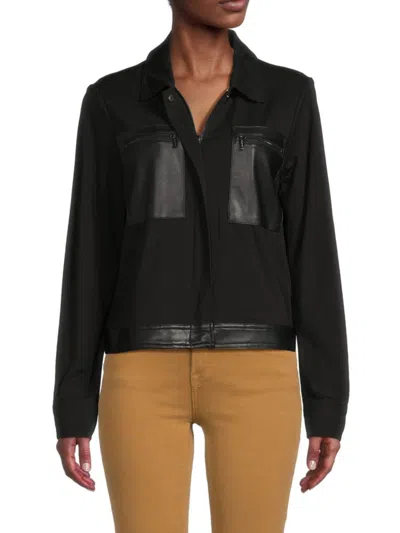 Calvin Klein Women's Faux Leather Trim Zip Up Jacket In Black