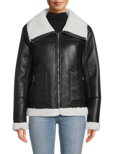 Calvin Klein Women's Faux Shearling Trim Moto Jacket In Latte