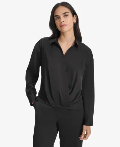 Calvin Klein Women's Faux-wrap Collared Shirt In Black