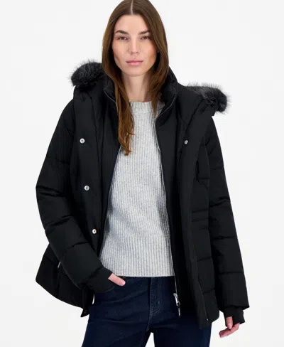 Calvin Klein Women's Faux-fur Hooded Utility Puffer Coat In Black