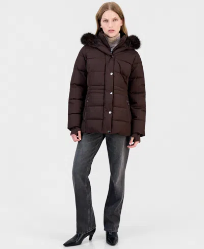 Calvin Klein Women's Faux-fur Hooded Utility Puffer Coat In Black Coffee