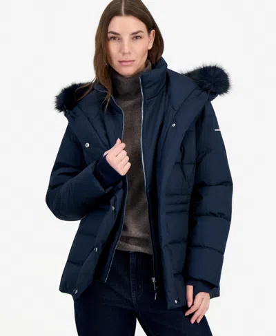 Calvin Klein Women's Faux-fur Hooded Utility Puffer Coat In Multi