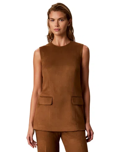 Calvin Klein Women's Faux-suede Back-zip Pocket Sleeveless Blouse In Brown
