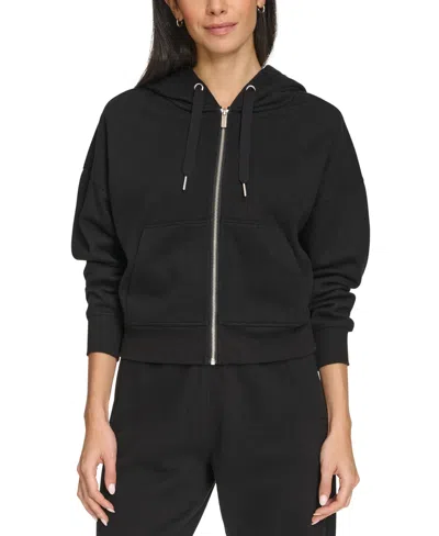 Calvin Klein Women's Fleece Crop Zip-front Long-sleeve Hoodie In Black