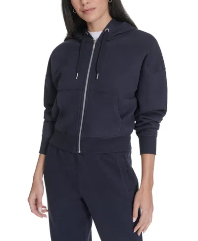 Calvin Klein Women's Fleece Crop Zip-front Long-sleeve Hoodie In Blue