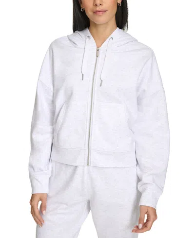 Calvin Klein Women's Fleece Crop Zip-front Long-sleeve Hoodie In Optic Heather