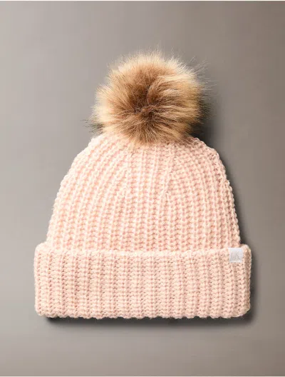 Calvin Klein Women's Fleece Ribbed Pom-pom Beanie In Pink