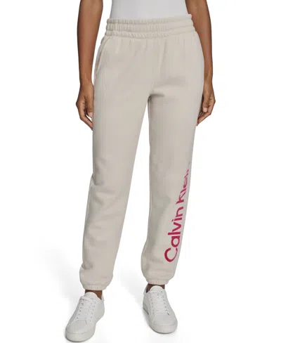 Calvin Klein Women's Flocked Logo Jogger Relaxed Fit Sweatpants In Gray