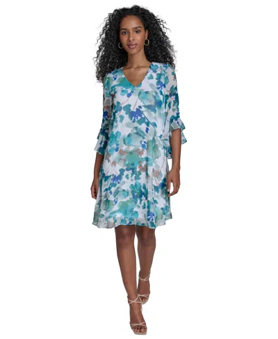 Calvin Klein Women's Floral 3/4-flutter-sleeve Shift Dress In Lake Multi