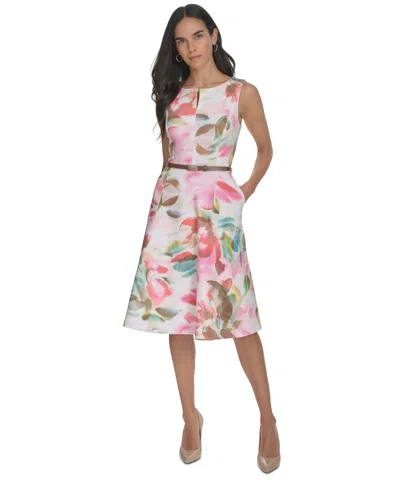 Calvin Klein Women's Floral Belted Jewel-neck A-line Dress In Tulip Multi