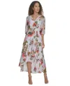 Calvin Klein Women's Floral Chiffon 3/4-sleeve High-low Dress In White Tulip Multi