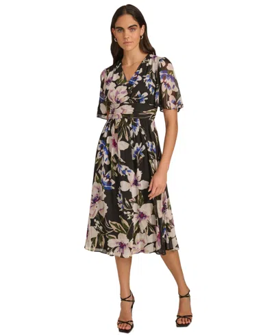 Calvin Klein Women's Floral Chiffon Flutter-sleeve Dress In Blue Multi