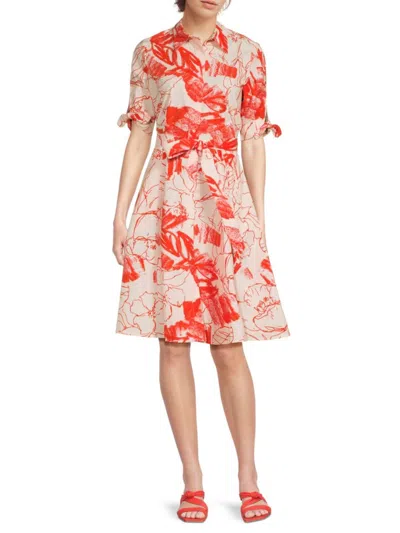 Calvin Klein Women's Cotton Floral Belted Tie-cuff Dress In Tulip Multi