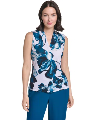 Calvin Klein Women's Floral Pintuck V-neck Blouse In Blue