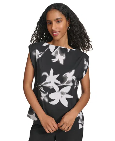Calvin Klein Women's Floral-print Boat-neck Sleeveless Top In Black Multi